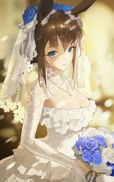 Anime picture 2837x4500 with arknights amiya (arknights) ttk (kirinottk) single tall image looking at viewer blush fringe highres short hair breasts blue eyes hair between eyes brown hair large breasts standing holding animal ears payot cleavage