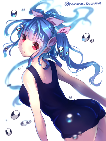 Anime picture 600x800 with kantai collection i-19 submarine haruno suzune single long hair tall image fringe open mouth light erotic simple background red eyes white background twintails bare shoulders blue hair ass ponytail looking back from behind girl