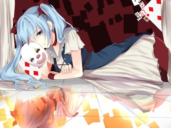 Anime picture 1400x1050 with vocaloid karakuri pierrot (vocaloid) hatsune miku ddrgs_237 single long hair open mouth blue eyes twintails blue hair lying tears reflection checkered floor girl dress mask card (cards)