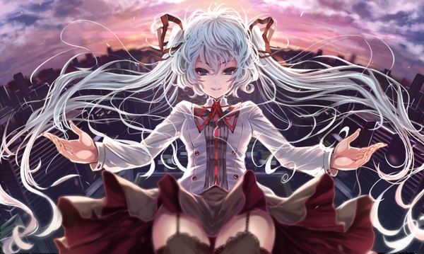 Anime picture 1371x822 with vocaloid hatsune miku shiokonbu looking at viewer blue eyes smile wide image twintails cloud (clouds) very long hair aqua hair city spread arms falling girl thighhighs skirt black thighhighs miniskirt shirt