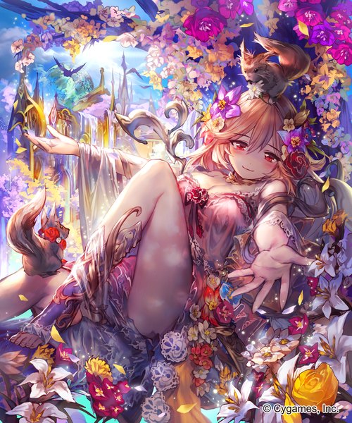 Anime picture 1200x1440 with shingeki no bahamut umberwig single long hair tall image looking at viewer blush fringe breasts smile bare shoulders sky cleavage cloud (clouds) barefoot hair flower wide sleeves legs spread arms reclining