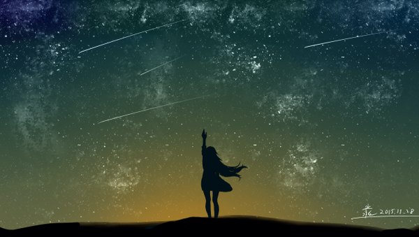 Anime picture 2440x1380 with original xian chong single long hair highres wide image standing signed outdoors arm up wind night night sky dated looking up scenic silhouette shooting star 2015 girl