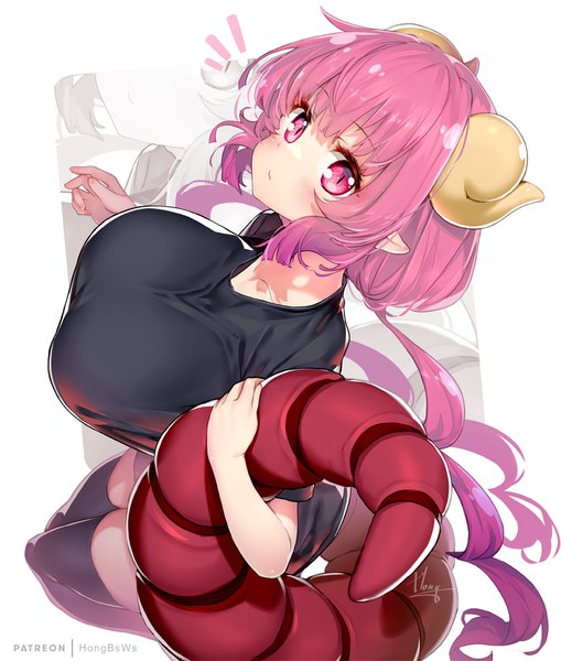 Anime picture 848x1000 with kobayashi-san chi no maidragon kyoto animation ilulu (maidragon) hong (white spider) single long hair tall image looking at viewer breasts light erotic signed pink hair tail pink eyes horn (horns) from above pointy ears huge breasts slit pupils dragon girl