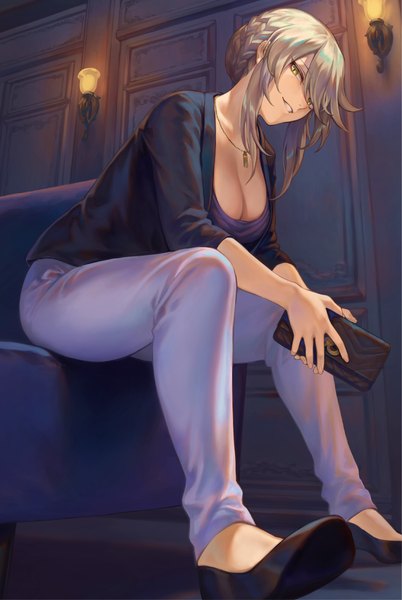 Anime picture 3042x4536 with fate (series) fate/grand order artoria pendragon (all) artoria pendragon (lancer alter) mashuu (neko no oyashiro) single tall image looking at viewer fringe highres short hair breasts light erotic blonde hair smile large breasts sitting holding yellow eyes payot