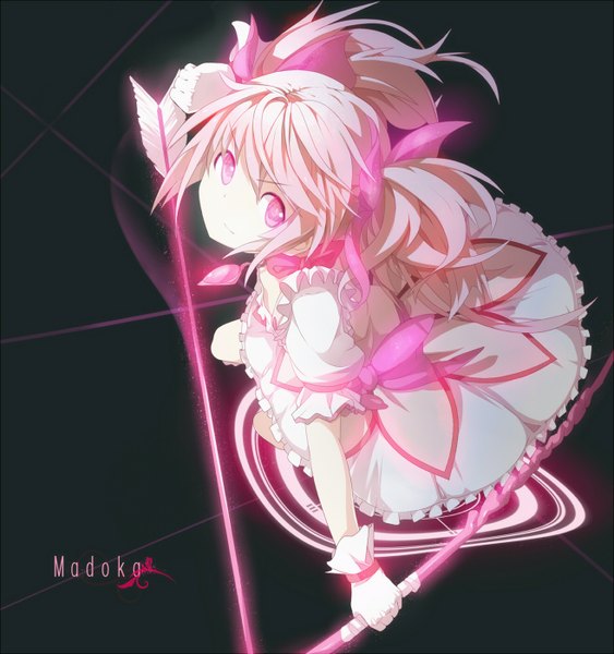 Anime picture 1314x1400 with mahou shoujo madoka magica shaft (studio) kaname madoka ogipote single tall image short hair twintails pink hair pink eyes glowing black background short twintails frilled dress girl dress bow weapon hair bow frills