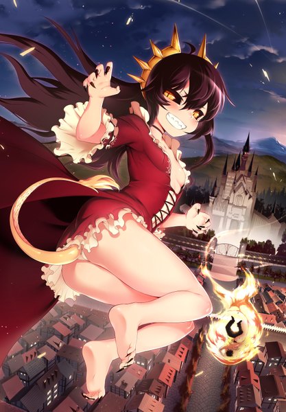 Anime picture 1138x1638 with tanaka the wizard christina (tanaka the wizard) mdastarou long hair tall image looking at viewer blush light erotic black hair smile yellow eyes sky cloud (clouds) tail pantyshot flying black sclera girl dress underwear