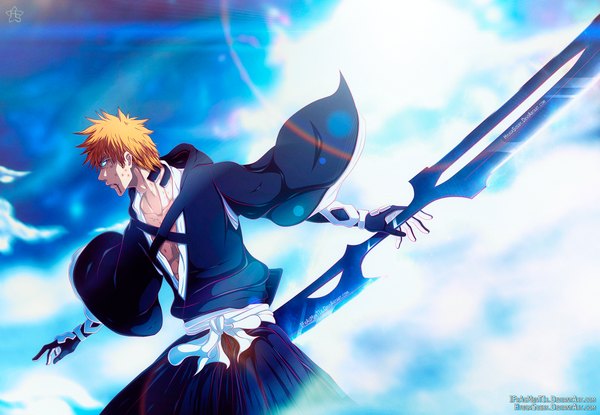 Anime picture 2000x1386 with bleach studio pierrot kurosaki ichigo hyugasosby single highres short hair blue eyes sky cloud (clouds) traditional clothes japanese clothes profile orange hair coloring light boy weapon belt kimono