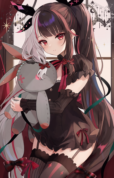 Anime picture 1024x1600 with virtual youtuber nijisanji yorumi rena aria (ariacue) single tall image looking at viewer light erotic red eyes brown hair twintails silver hair very long hair multicolored hair two-tone hair streaked hair tress ribbon different thighhighs girl thighhighs