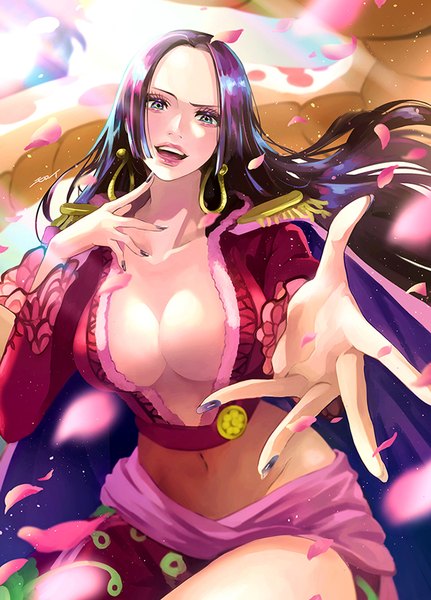 Anime picture 647x900 with one piece toei animation boa hancock salome (one piece) moroi single long hair tall image looking at viewer breasts open mouth blue eyes light erotic black hair smile large breasts signed cleavage long sleeves nail polish