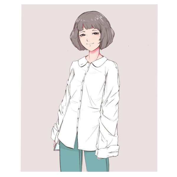 Anime picture 2048x2048 with original elliemaplefox single looking at viewer fringe highres short hair standing holding long sleeves light smile grey hair black eyes mole mole under eye border sleeves past wrists girl shirt white shirt