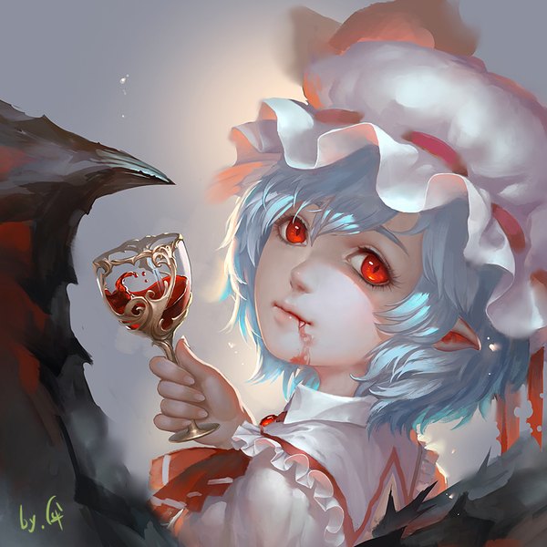 Anime picture 1000x1000 with touhou remilia scarlet kusi de san gu single looking at viewer fringe short hair hair between eyes red eyes holding upper body head tilt looking back pointy ears blurry realistic aqua hair fang (fangs) eyebrows slit pupils