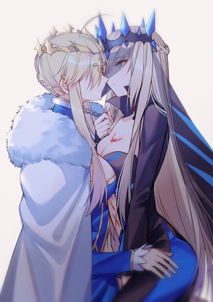 Anime picture 619x875 with fate (series) fate/grand order fate/apocrypha artoria pendragon (all) artoria pendragon (lancer) morgan le fay (fate) yorukun long hair tall image breasts light erotic simple background blonde hair multiple girls green eyes ahoge fur trim shoujo ai siblings center opening