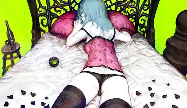 Anime picture 1960x1133 with vocaloid romeo to cinderella (vocaloid) hatsune miku nagimiso single long hair highres light erotic wide image bare shoulders ass lying looking back aqua eyes aqua hair underwear only alternate hairstyle on stomach girl thighhighs