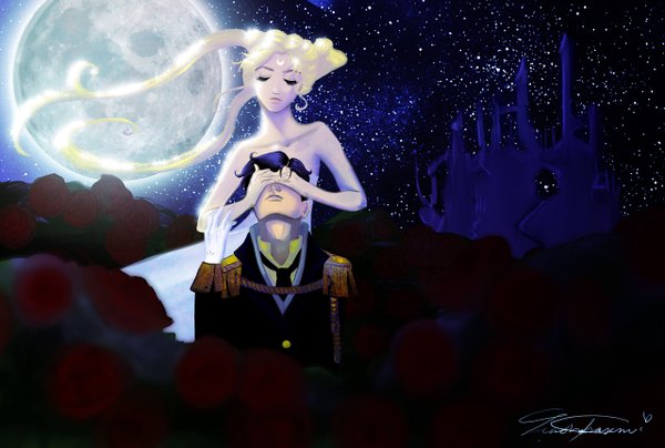 Anime picture 1280x863 with bishoujo senshi sailor moon toei animation tsukino usagi princess serenity prince endymion sparkyyy (artist) long hair short hair blonde hair twintails bare shoulders eyes closed wind night night sky sleeveless couple hug dark background crescent