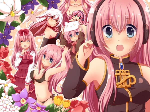 Anime picture 1500x1125 with vocaloid toeto (vocaloid) megurine luka takoluka megurine luka (toeto) long hair blush highres open mouth blue eyes light erotic red eyes multiple girls pink hair 6+ girls 6 girls girl dress flower (flowers) swimsuit