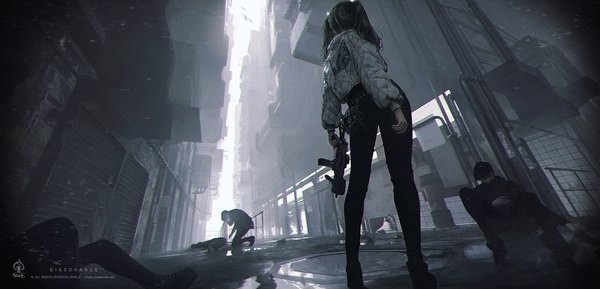 Anime picture 2241x1080 with original shale long hair highres black hair wide image twintails holding signed full body outdoors long sleeves from behind inscription from below city solo focus girl weapon shoes