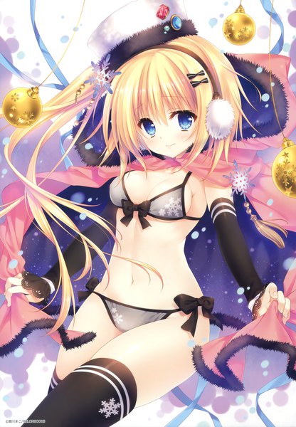 Anime picture 2635x3800 with melonbooks tatekawa mako single long hair tall image looking at viewer blush highres breasts blue eyes light erotic blonde hair scan official art one side up girl thighhighs black thighhighs swimsuit bikini