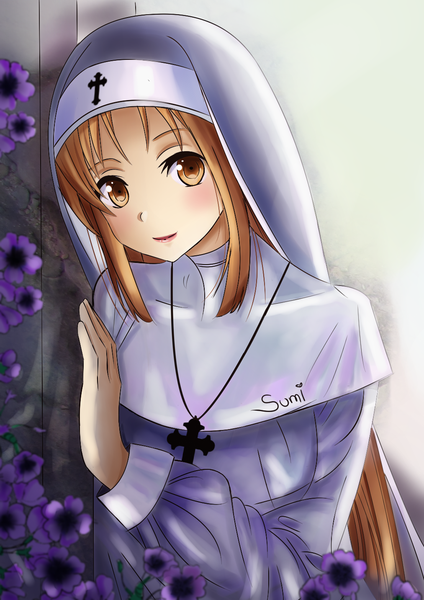 Anime picture 1013x1433 with sword art online a-1 pictures yuuki asuna sumi-chan-oneesama single long hair tall image looking at viewer smile brown hair brown eyes signed payot outdoors nun girl flower (flowers) cross wall cross necklace