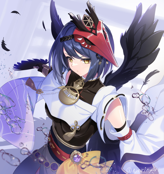 Anime picture 846x900 with genshin impact kujou sara nyori single tall image short hair signed yellow eyes blue hair from above sparkle twitter username black wings mask on head girl detached sleeves wings feather (feathers) mask tassel