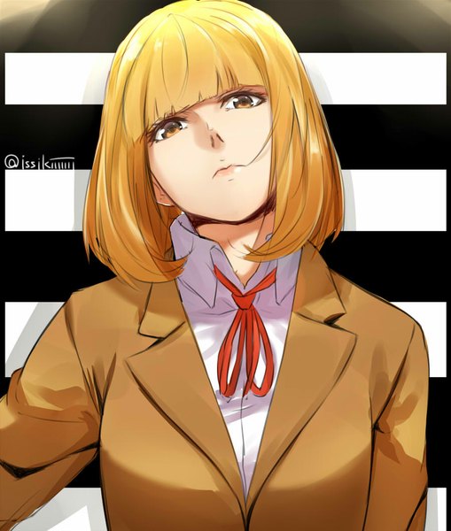 Anime picture 900x1060 with kangoku gakuen midorikawa hana isshiki (ffmania7) single tall image looking at viewer fringe short hair blonde hair brown eyes signed upper body head tilt lips shadow striped striped background girl uniform ribbon (ribbons)