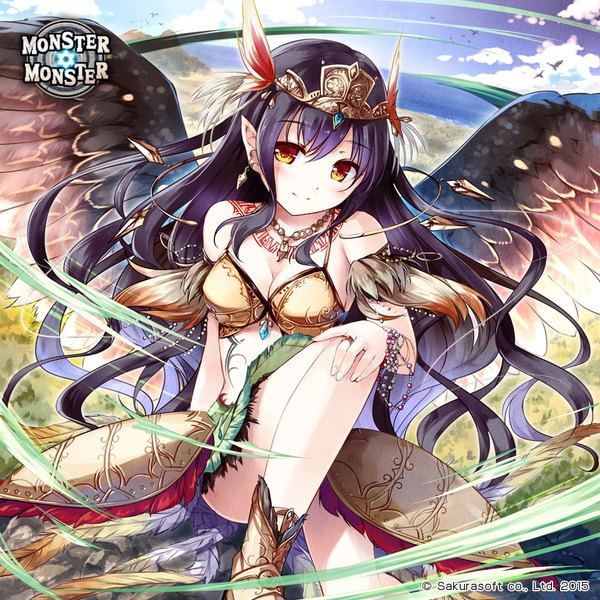 Anime picture 960x960 with monster monster (game) miyase mahiro long hair looking at viewer blush fringe light erotic sitting sky purple hair light smile wind pointy ears tattoo magic horizon black wings hand on knee valkyrie girl