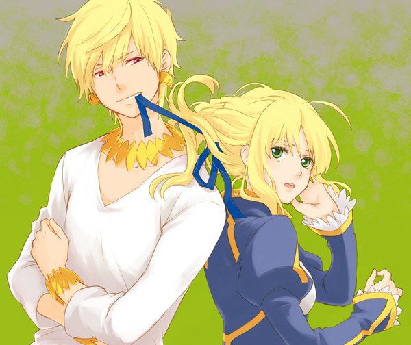 Anime picture 1000x840 with fate (series) fate/stay night fate/zero studio deen type-moon artoria pendragon (all) saber gilgamesh (fate) isshoku (shiki) long hair short hair open mouth blonde hair red eyes holding green eyes mouth hold ribbon in mouth girl boy