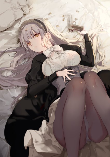 Anime picture 800x1131 with original yukisame single long hair tall image looking at viewer fringe breasts light erotic yellow eyes payot lying blunt bangs long sleeves grey hair on back puffy sleeves tears dress lift legs up