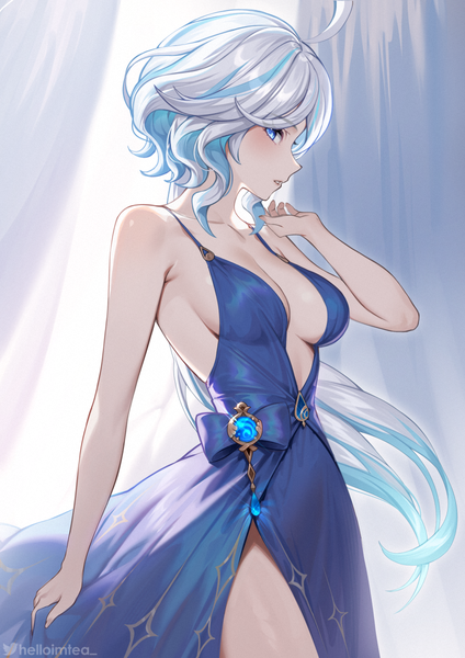 Anime picture 848x1200 with genshin impact furina (genshin impact) helloimtea single long hair tall image looking at viewer breasts blue eyes light erotic bare shoulders signed blue hair silver hair ahoge parted lips profile multicolored hair alternate costume streaked hair