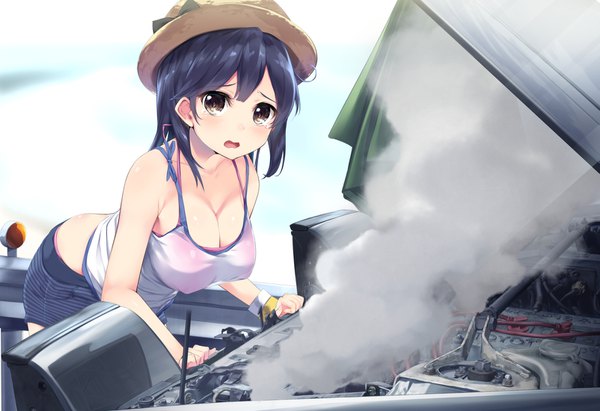 Anime picture 1603x1100 with kantai collection toyota ushio destroyer gedou (shigure seishin) single long hair looking at viewer blush breasts open mouth light erotic black hair large breasts brown eyes leaning leaning forward smoke girl hat ground vehicle