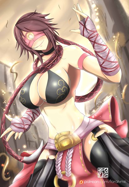 Anime picture 1024x1475 with league of legends lee sin (league of legends) torahime (roland00) single tall image blush short hair breasts light erotic smile brown hair huge breasts fighting stance genderswap blindfold girl bandage (bandages)