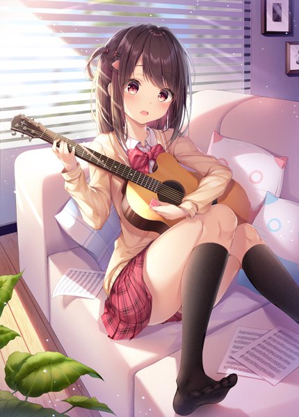 Anime picture 1936x2699 with original dangmyo single long hair tall image looking at viewer blush fringe highres open mouth red eyes brown hair sitting holding payot bent knee (knees) indoors long sleeves no shoes one side up