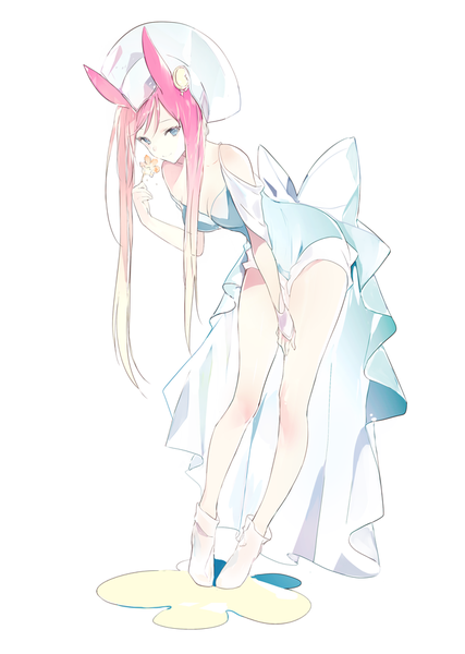 Anime picture 700x984 with original lpip single long hair tall image looking at viewer fringe breasts simple background standing white background purple eyes twintails holding animal ears pink hair cleavage full body light smile shadow