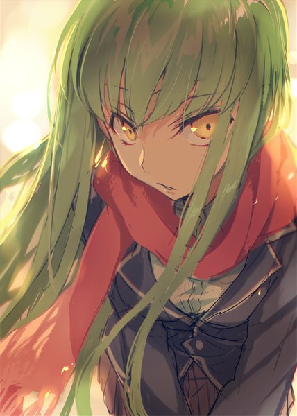 Anime picture 650x910 with code geass sunrise (studio) c.c. creayus single long hair tall image looking at viewer fringe yellow eyes parted lips pleated skirt green hair sunlight leaning leaning forward girl skirt uniform bow