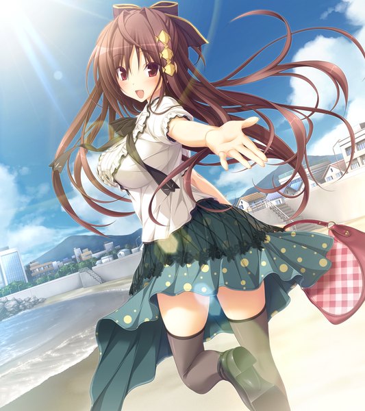 Anime picture 1280x1440 with chrono clock jounouchi makoto koku single long hair tall image blush open mouth red eyes brown hair game cg sky cloud (clouds) looking back outstretched arm running girl thighhighs dress bow