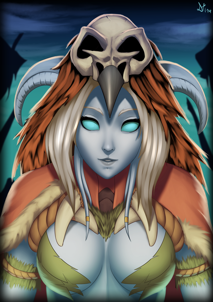 Anime picture 3508x4961 with world of warcraft blizzard entertainment draenei deilan12 (artist) single long hair tall image looking at viewer highres breasts blue eyes light erotic absurdres horn (horns) lips grey hair blue skin girl skull skull helmet