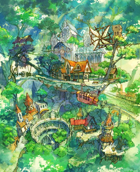 Anime picture 815x1000 with original kaitan tall image standing from above sunlight shadow city cityscape ruins ambiguous gender plant (plants) tree (trees) window leaf (leaves) building (buildings) grass clock forest stairs