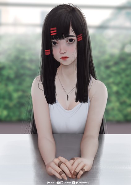 Anime picture 2480x3508 with original alyssa (jubi) jubi (regiana) single long hair tall image looking at viewer highres breasts blue eyes black hair bare shoulders signed blurry realistic lipstick red lipstick bandaid on hand girl pendant
