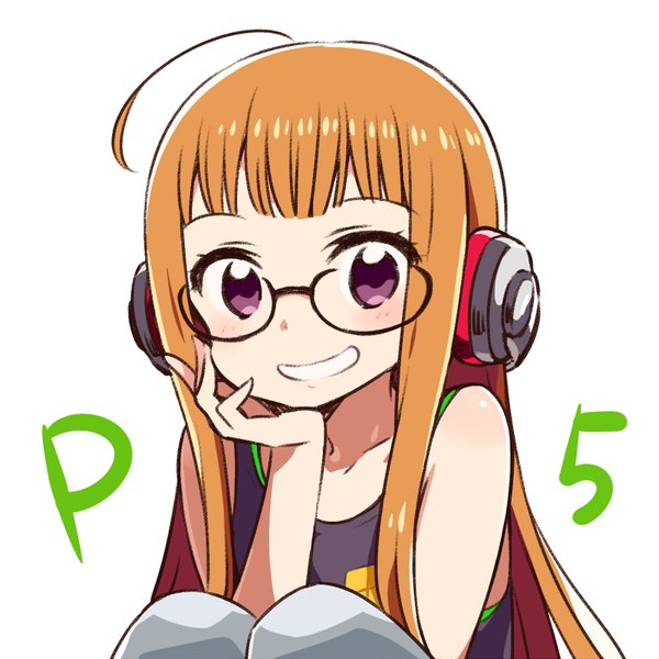 Anime picture 800x800 with persona 5 persona sakura futaba chan co single long hair looking at viewer blush fringe simple background smile white background purple eyes bare shoulders ahoge blunt bangs orange hair chin rest girl glasses