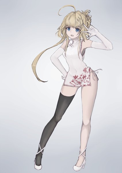 Anime picture 1860x2630 with original vicious single long hair tall image looking at viewer fringe highres open mouth blue eyes light erotic simple background blonde hair standing bare shoulders ahoge grey background bare legs high heels gradient background