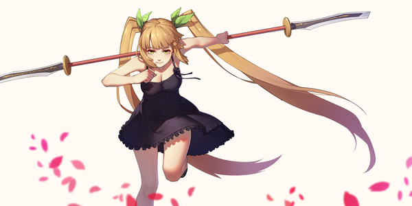 Anime picture 2400x1200 with journey to the west sun wukong daye bie qia lian single looking at viewer highres blonde hair wide image white background twintails yellow eyes very long hair girl dress weapon petals black dress sundress