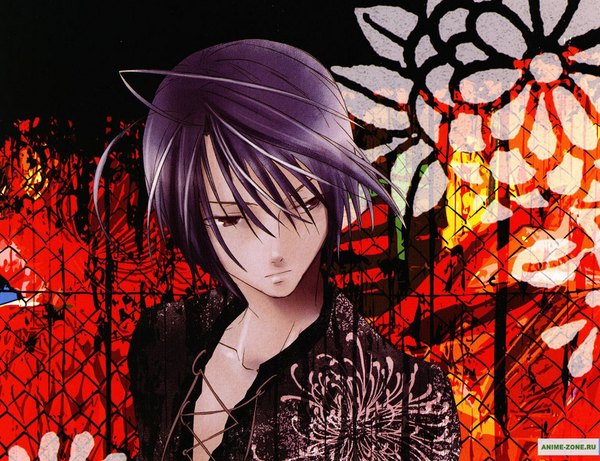 Anime picture 1060x816 with zombie loan tachibana shito single short hair brown eyes looking away purple hair upper body lacing boy flower (flowers)