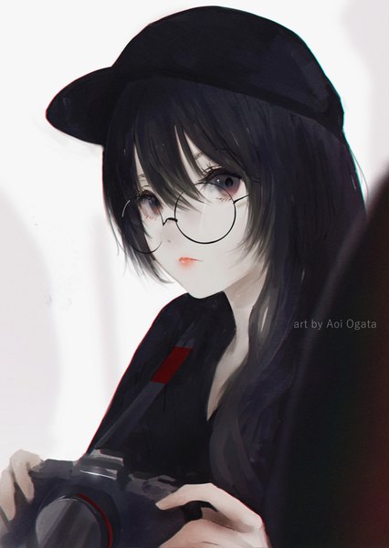 Anime picture 670x943 with original aoi ogata single long hair tall image looking at viewer fringe black hair simple background hair between eyes white background brown eyes signed upper body lips blurry girl glasses baseball cap camera