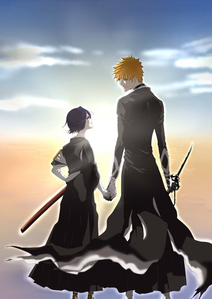 Anime picture 1000x1412 with bleach studio pierrot kurosaki ichigo kuchiki rukia micmic tall image short hair standing purple eyes holding sky purple hair cloud (clouds) traditional clothes japanese clothes profile light smile wind from behind orange hair