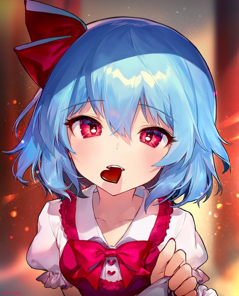 Anime picture 1000x1238 with touhou remilia scarlet ainy single tall image looking at viewer fringe short hair hair between eyes red eyes holding blue hair upper body mouth hold valentine no hat girl ribbon (ribbons) hair ribbon food