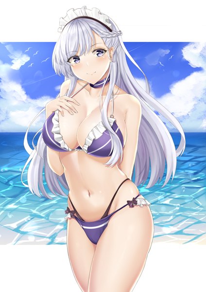 Anime picture 1488x2105 with azur lane belfast (azur lane) arikawa rui single long hair tall image looking at viewer blush fringe breasts light erotic smile hair between eyes large breasts standing purple eyes bare shoulders sky cleavage silver hair