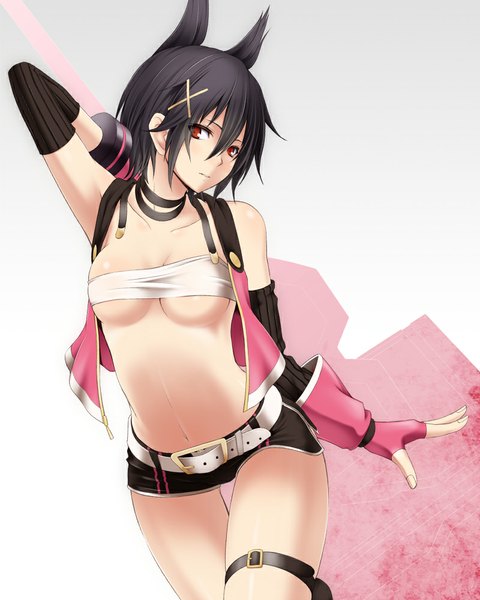 Anime picture 800x1000 with god eater 2 kouzuki nana shou (mamoru) single tall image looking at viewer short hair breasts light erotic black hair red eyes animal ears girl gloves navel shorts fingerless gloves