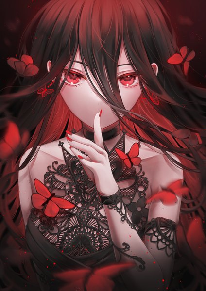 Anime-Bild 2894x4093 mit original yuubarish single long hair tall image looking at viewer fringe highres black hair hair between eyes red eyes upper body nail polish multicolored hair fingernails blurry finger to mouth colored inner hair long fingernails revision