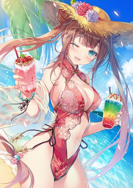 Anime picture 1433x2024 with melonbooks miwabe sakura single long hair tall image looking at viewer blush fringe breasts open mouth blue eyes light erotic smile brown hair large breasts standing twintails holding payot sky