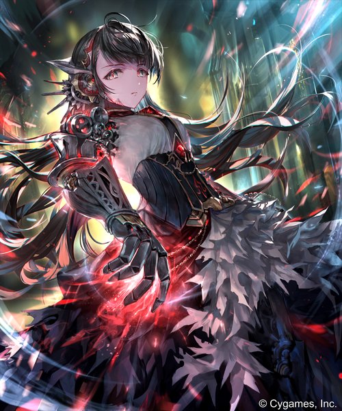 Anime picture 1080x1296 with shadowverse mono garnet rebel irua single long hair tall image looking at viewer fringe black hair standing ahoge outdoors wind blurry official art grey eyes magic glowing watermark light