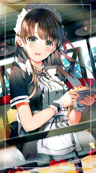 Anime picture 1411x2541 with original niii (memstapak) single long hair tall image looking at viewer blush fringe open mouth brown hair holding brown eyes upper body indoors short sleeves maid girl uniform ribbon (ribbons) food